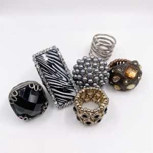 Lot of 6 Large, Chunky Eclectic Retro Fashion Rings with Stretchy Bands